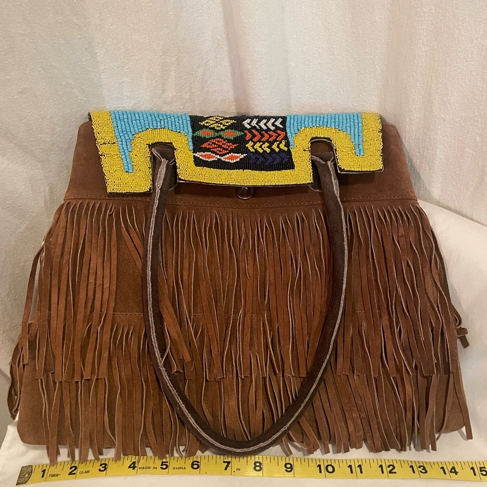 Jean Louis Scherrer Brown Suede Fringe Shoulder Bag with Colorful Beaded Accent - Picture 7 of 10